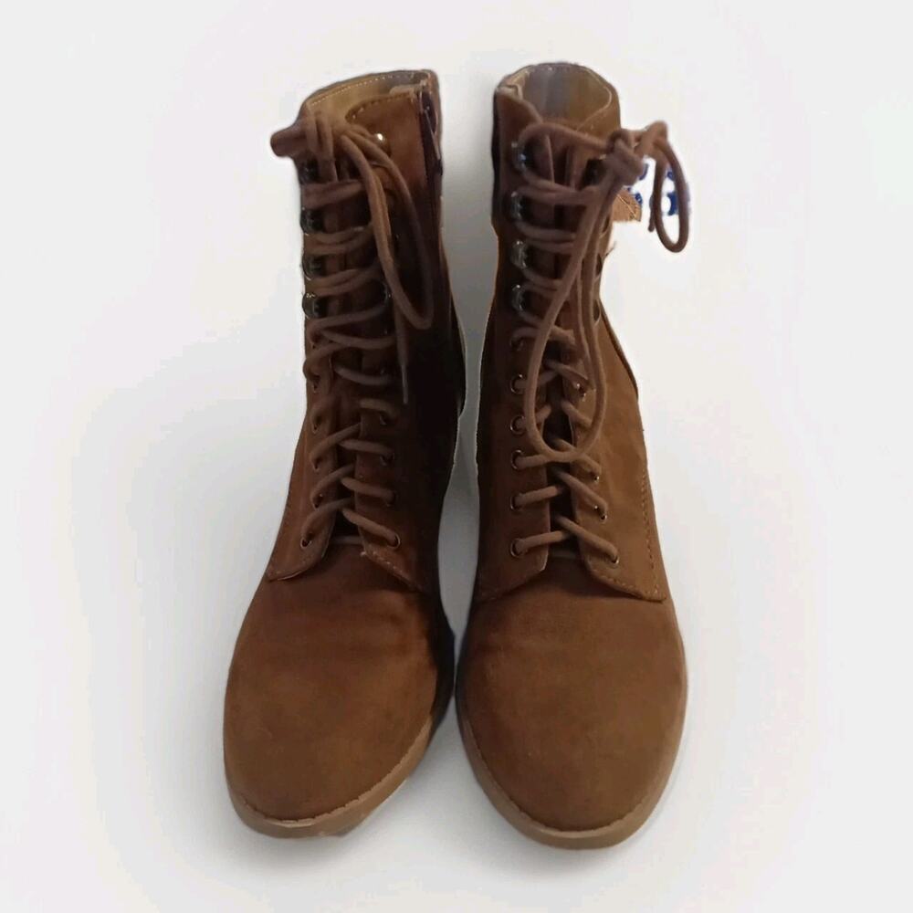 Charlotte Russe Women's 7 Brown Faux Suede Lace Up Ankle Booties Block Heel Zip